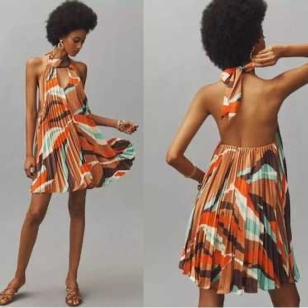 Hutch Pleated Halter Top Size L Brown Orange Abstract Geometric Print MSRP $188